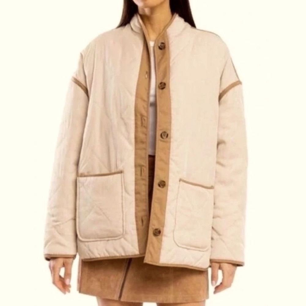 NEW BLANK NYC Reversible Quilted Puffy Cream/Pink Floral Print Button-up Jacket - Picture 5 of 13